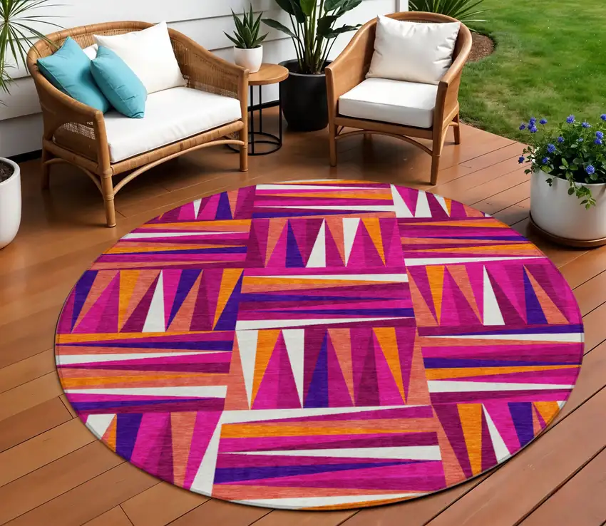 8' Red Purple And Copper Round Geometric Washable Indoor Outdoor Area Rug Photo 1