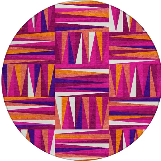 8' Red Purple And Copper Round Geometric Washable Indoor Outdoor Area Rug Photo 6