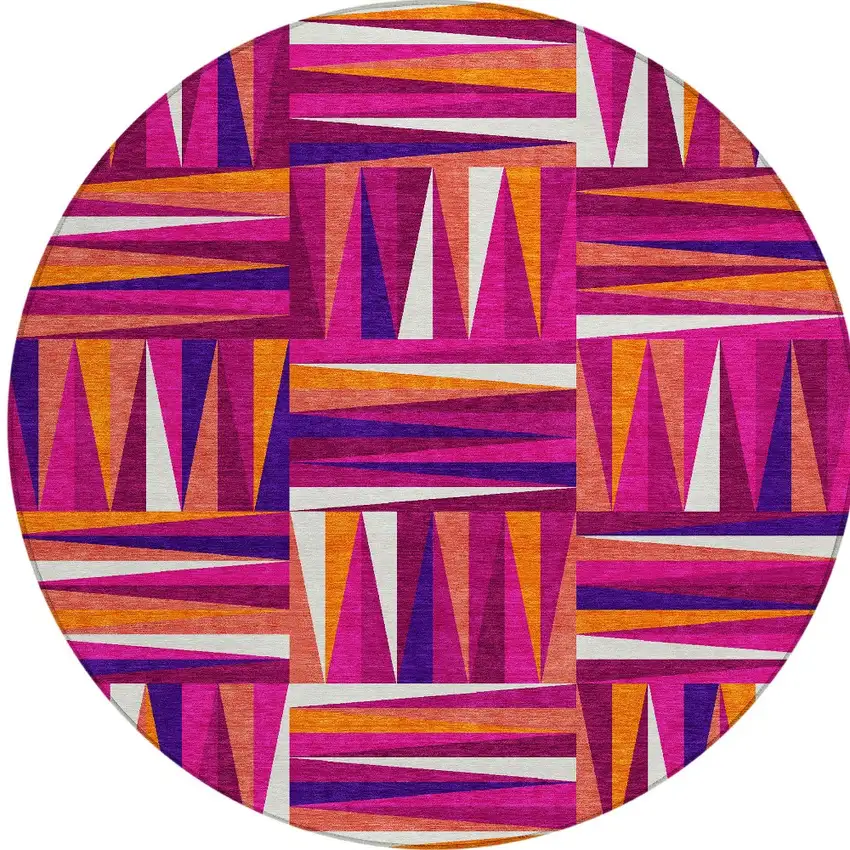 8' Red Purple And Copper Round Geometric Washable Indoor Outdoor Area Rug Photo 6
