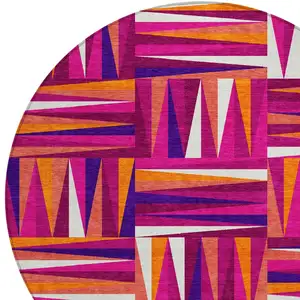 Photo of 8' Red Purple And Copper Round Geometric Washable Indoor Outdoor Area Rug