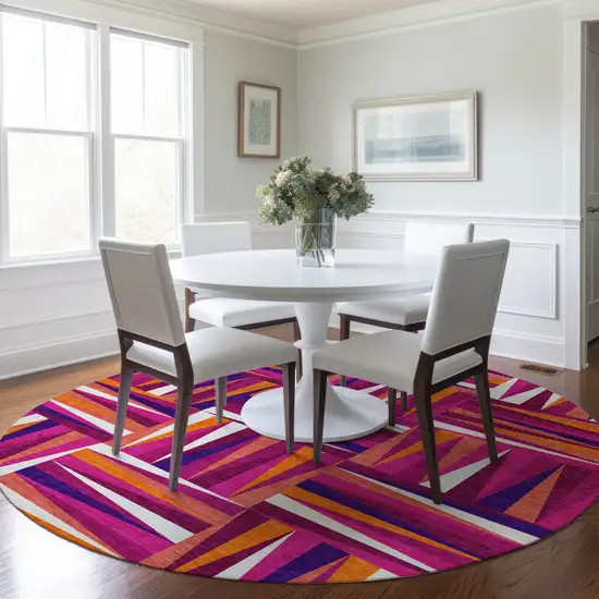 8' Red Purple And Copper Round Geometric Washable Indoor Outdoor Area Rug Photo 8