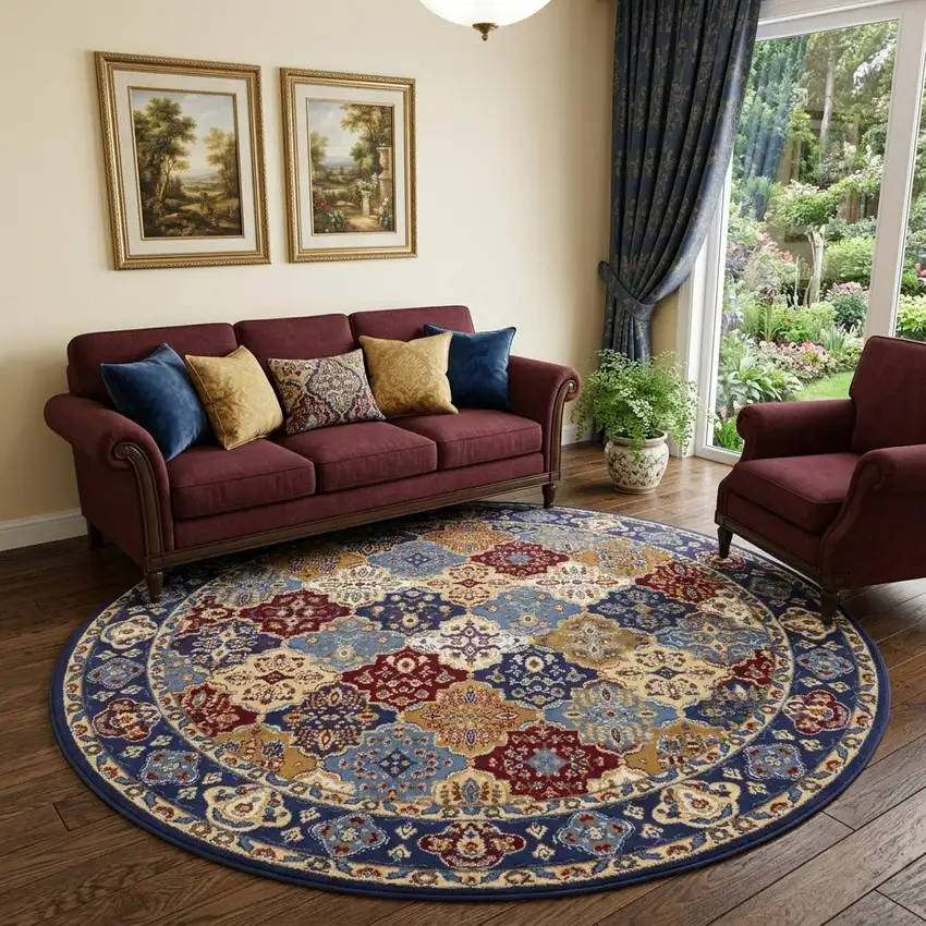8' Red Round Damask Power Loom Area Rug Photo 1