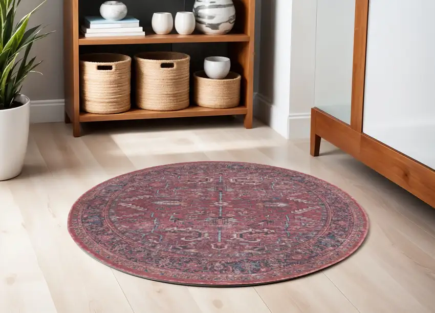 5' Red Round Floral Power Loom Distressed Area Rug Photo 1