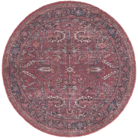 5' Red Round Floral Power Loom Distressed Area Rug Photo 1