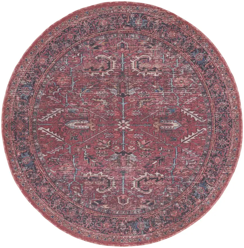 5' Red Round Floral Power Loom Distressed Area Rug Photo 1