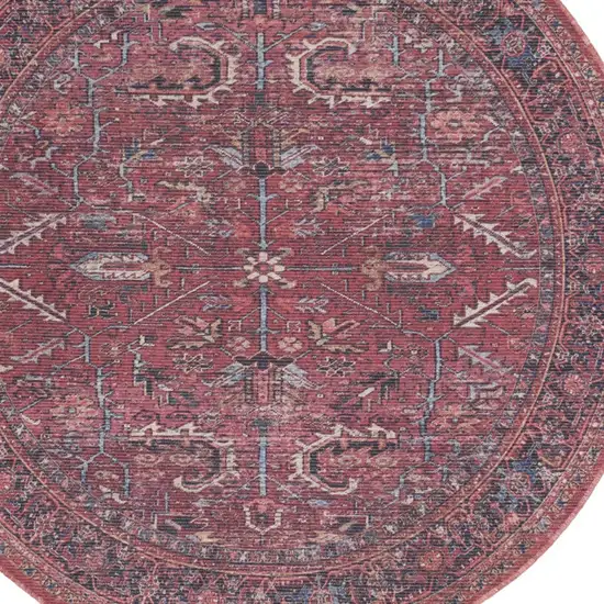 5' Red Round Floral Power Loom Distressed Area Rug Photo 7
