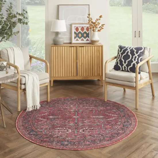 5' Red Round Floral Power Loom Distressed Area Rug Photo 6