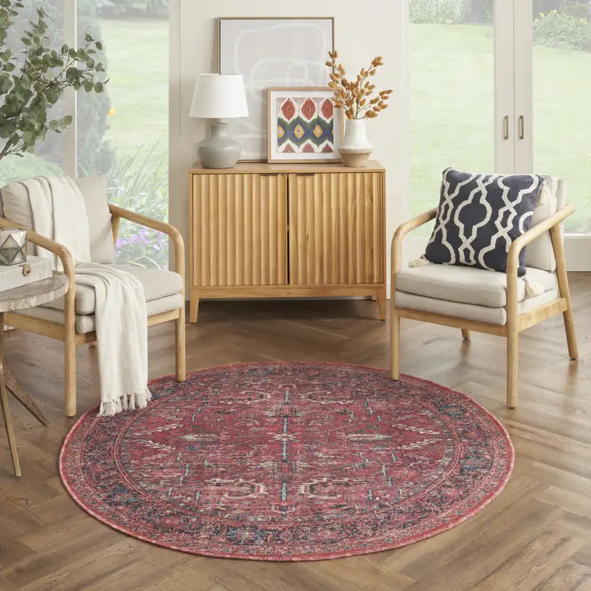 5' Red Round Floral Power Loom Distressed Area Rug Photo 6