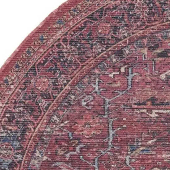 5' Red Round Floral Power Loom Distressed Area Rug Photo 4