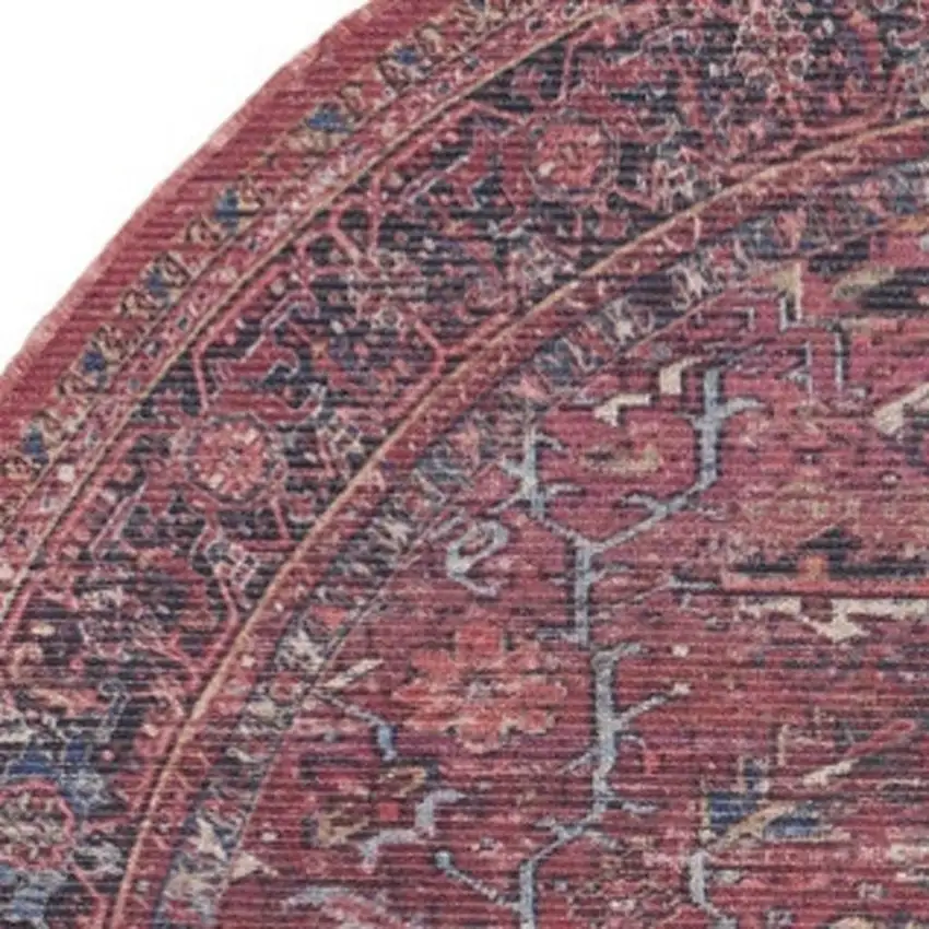 5' Red Round Floral Power Loom Distressed Area Rug Photo 4