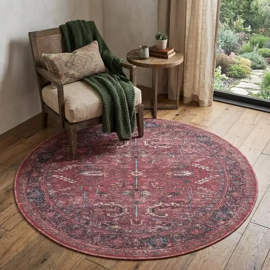 5' Red Round Floral Power Loom Distressed Area Rug Photo 1