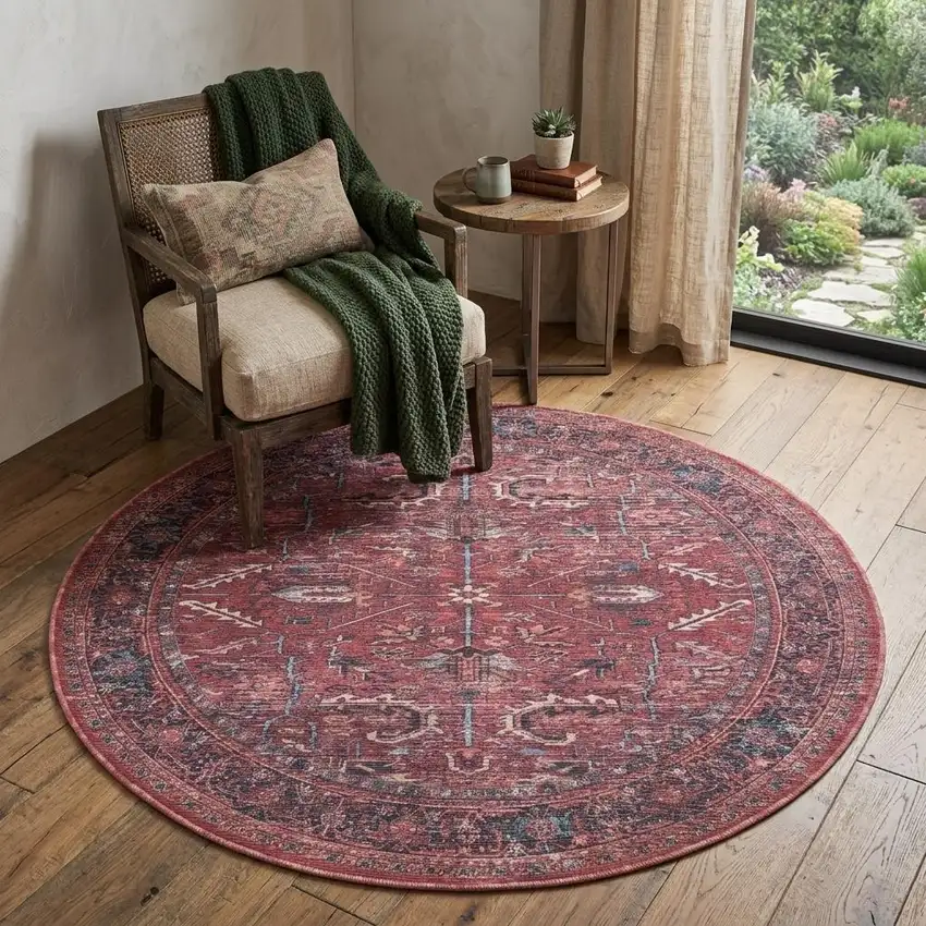 5' Red Round Floral Power Loom Distressed Area Rug Photo 1