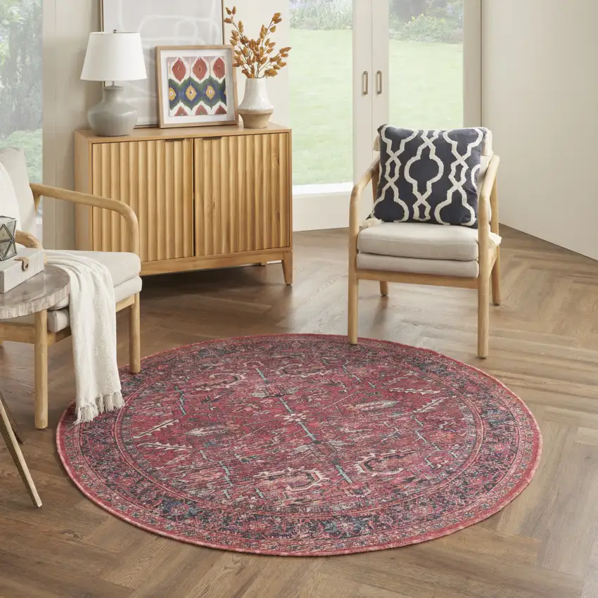 5' Red Round Floral Power Loom Distressed Area Rug Photo 5