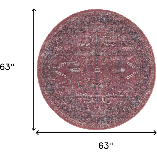 5' Red Round Floral Power Loom Distressed Area Rug Photo 3