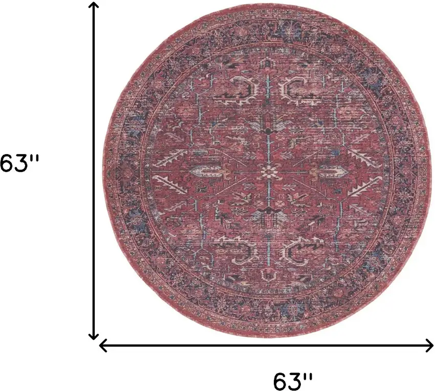 5' Red Round Floral Power Loom Distressed Area Rug Photo 3