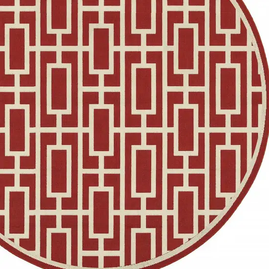 Red and Ivory Round Geometric Stain Resistant Indoor Outdoor Area Rug Photo 5