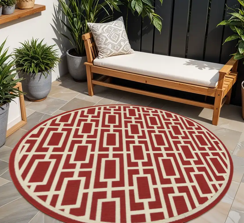 Red and Ivory Round Geometric Stain Resistant Indoor Outdoor Area Rug Photo 1