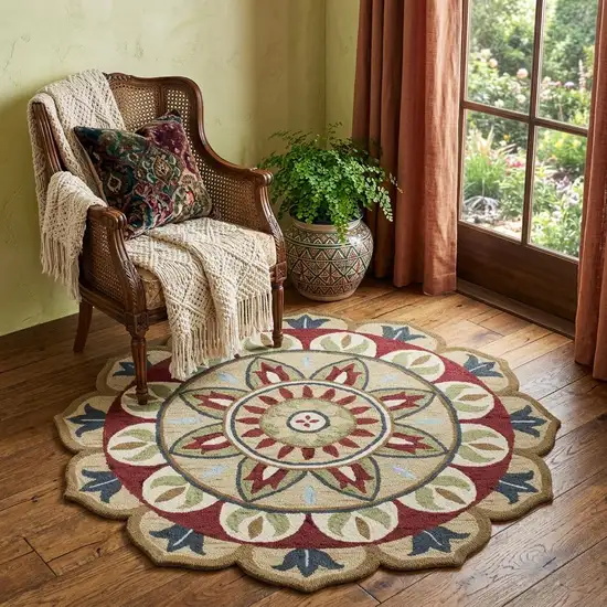 4' Red Round Wool Floral Hand Tufted Area Rug Photo 1