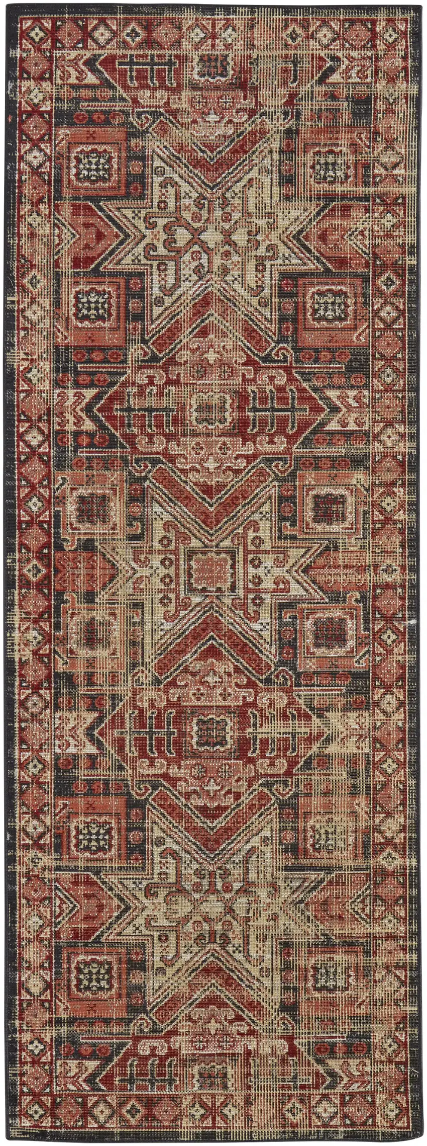 8' Red Tan And Black Abstract Power Loom Distressed Stain Resistant Runner Rug Photo 1