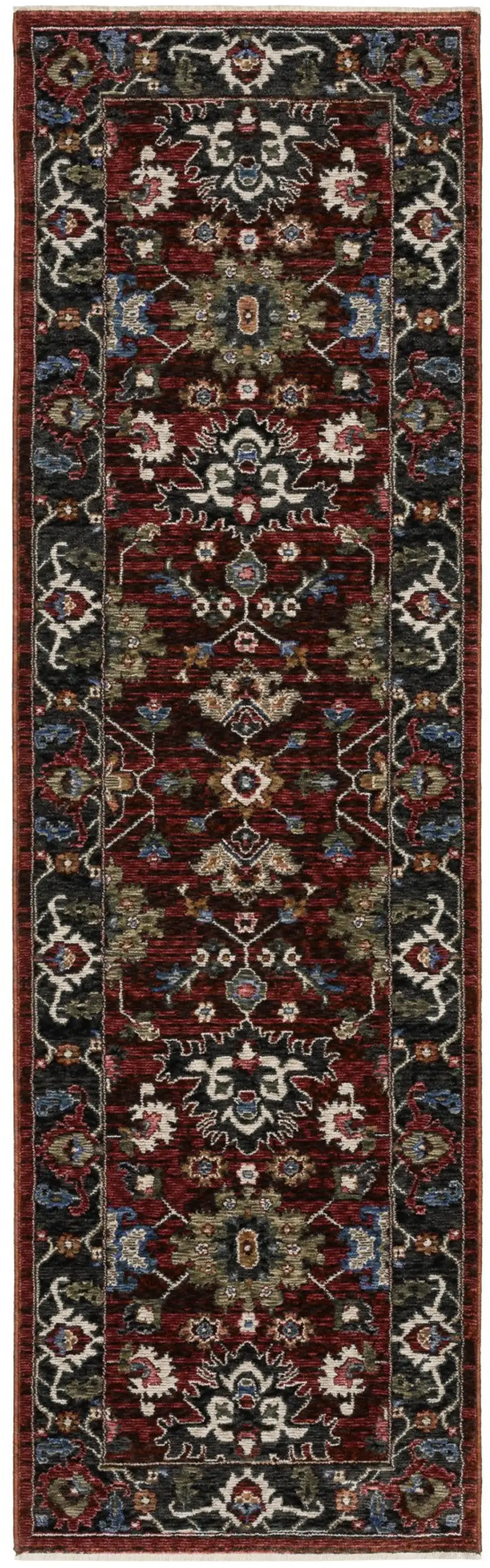 8' Red Tan And Black Oriental Runner Rug With Fringe Photo 2