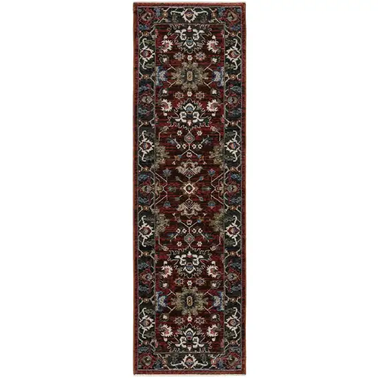 8' Red Tan And Black Oriental Runner Rug With Fringe Photo 2