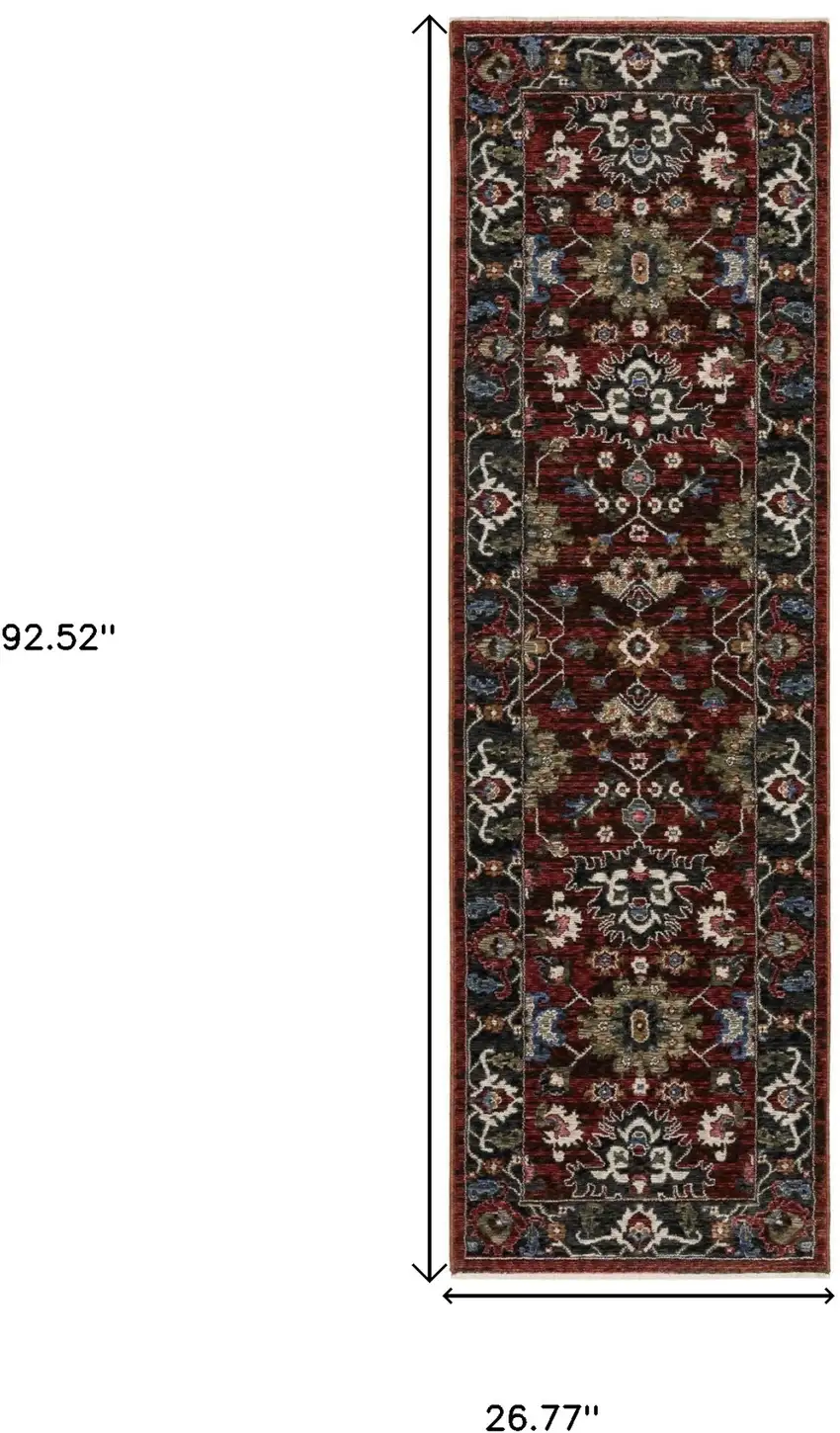 8' Red Tan And Black Oriental Runner Rug With Fringe Photo 3