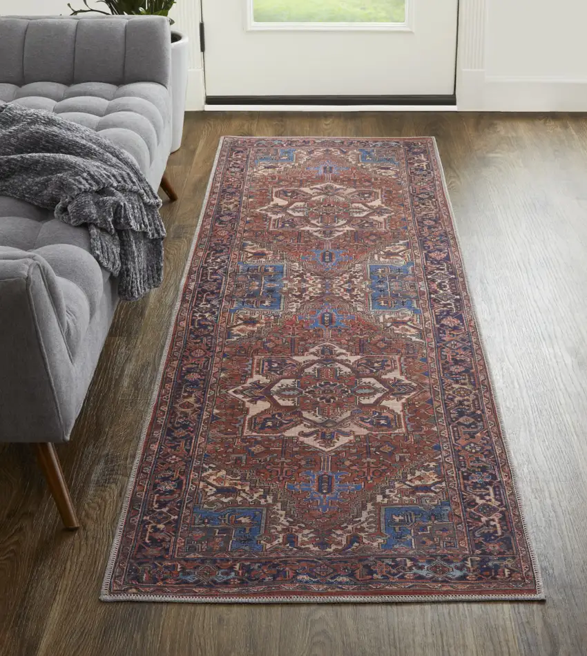 8' Red Tan And Blue Floral Power Loom Runner Rug Photo 5