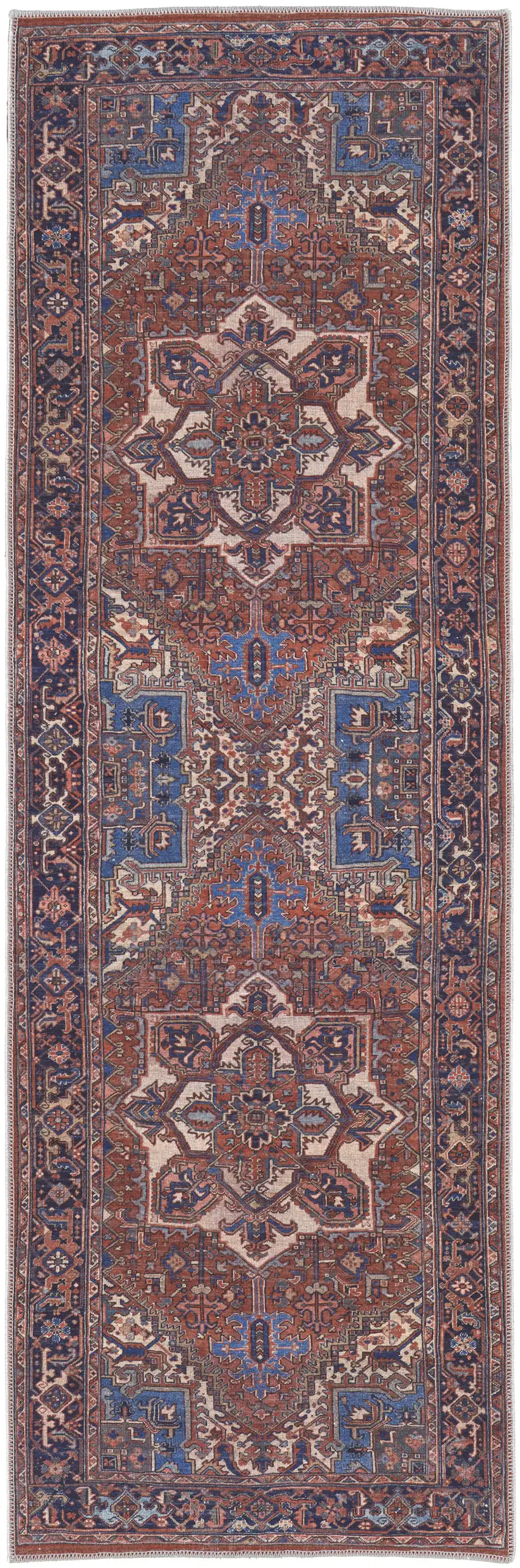 8' Red Tan And Blue Floral Power Loom Runner Rug Photo 1