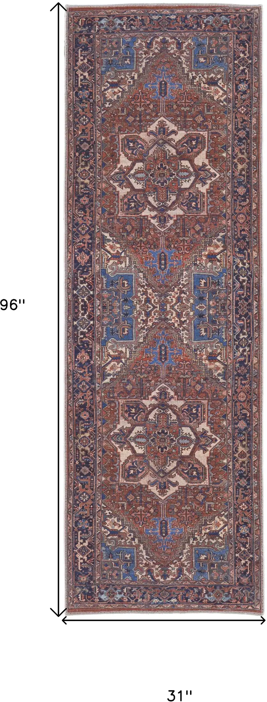 8' Red Tan And Blue Floral Power Loom Runner Rug Photo 7