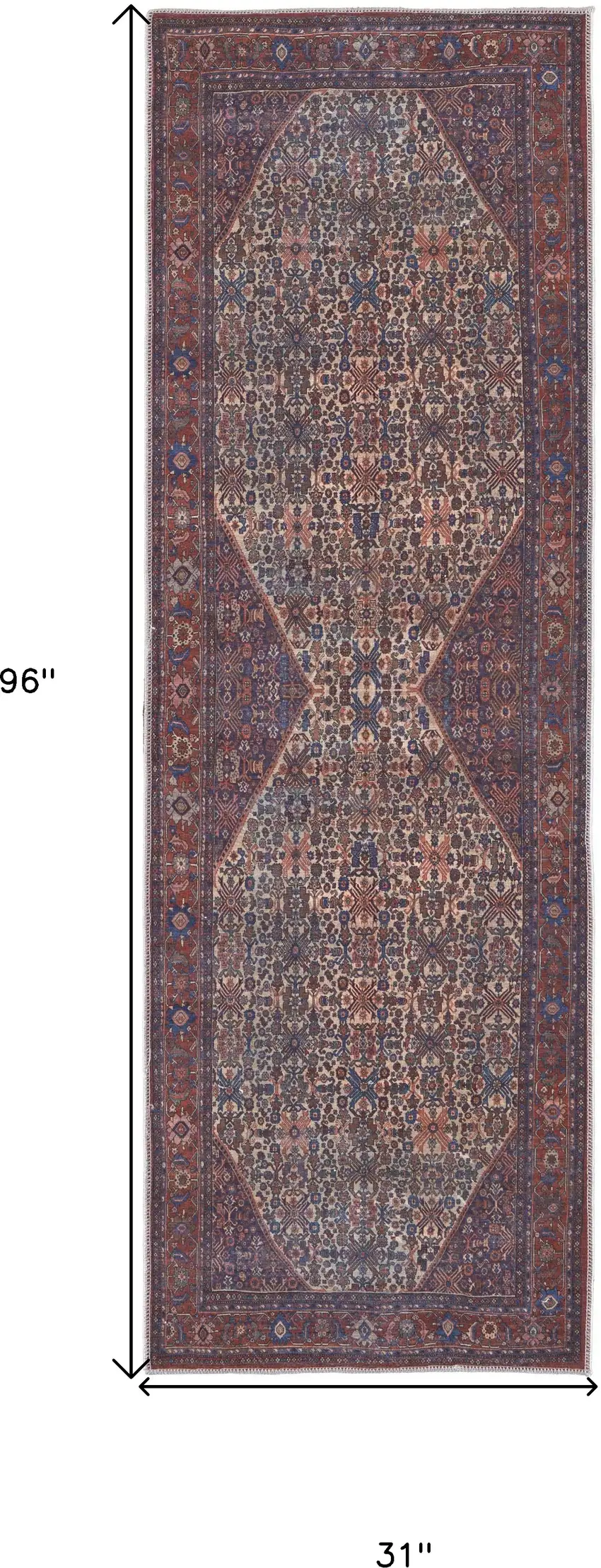 8' Red Tan And Blue Floral Power Loom Runner Rug Photo 7