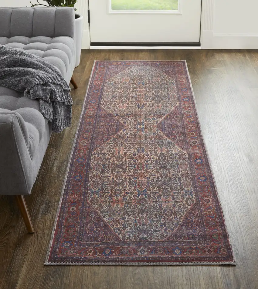 8' Red Tan And Blue Floral Power Loom Runner Rug Photo 5