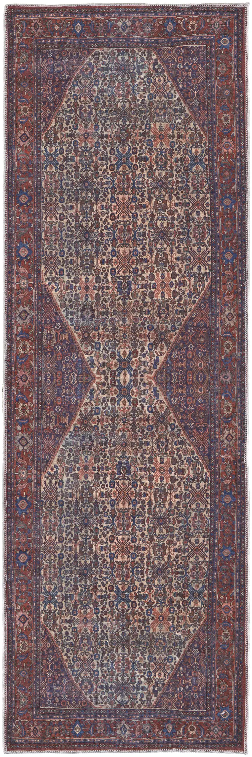8' Red Tan And Blue Floral Power Loom Runner Rug Photo 1