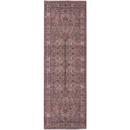 8' Red Tan And Pink Floral Power Loom Runner Rug Photo 1