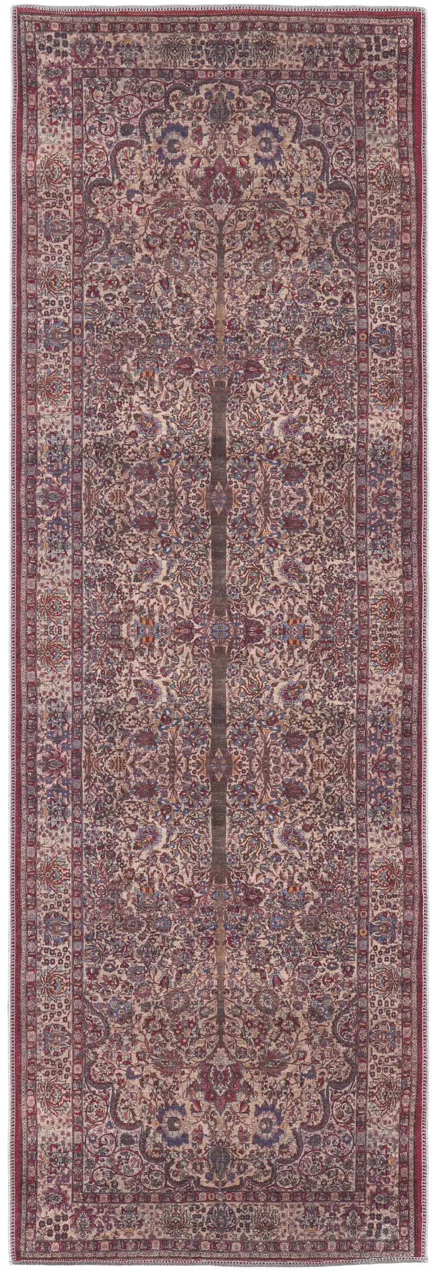8' Red Tan And Pink Floral Power Loom Runner Rug Photo 1