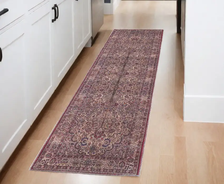 8' Red Tan And Pink Floral Power Loom Runner Rug Photo 1