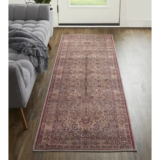 8' Red Tan And Pink Floral Power Loom Runner Rug Photo 5
