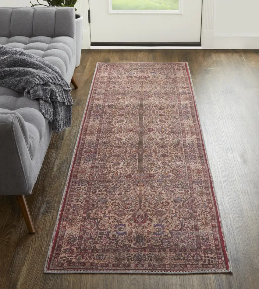 8' Red Tan And Pink Floral Power Loom Runner Rug Photo 5