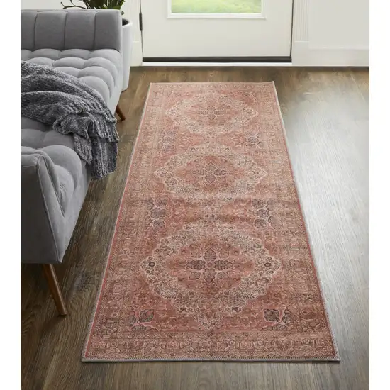 8' Red Tan And Pink Floral Power Loom Runner Rug Photo 2