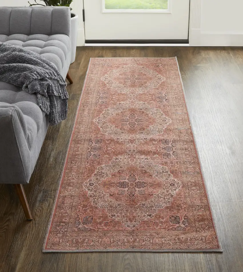 8' Red Tan And Pink Floral Power Loom Runner Rug Photo 2