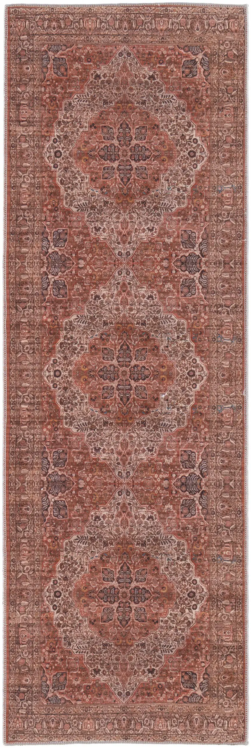 8' Red Tan And Pink Floral Power Loom Runner Rug Photo 1