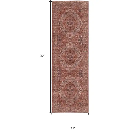 8' Red Tan And Pink Floral Power Loom Runner Rug Photo 4