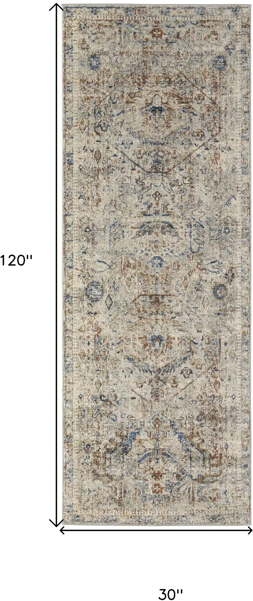 10' Red Tan and Blue Oriental Power Loom Worn Faded Runner Rug With Fringe Photo 3