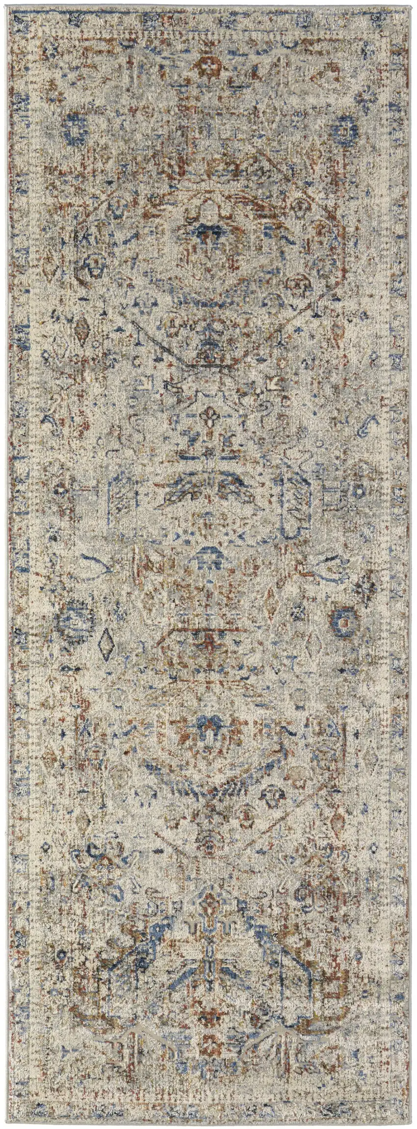 10' Red Tan and Blue Oriental Power Loom Worn Faded Runner Rug With Fringe Photo 2