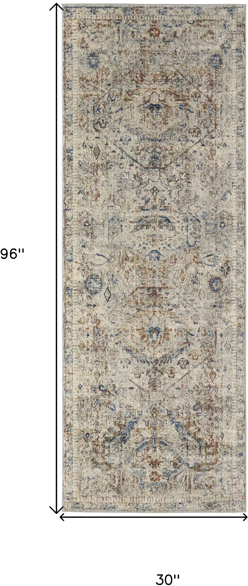 8' Red Tan and Blue Oriental Power Loom Worn Faded Runner Rug With Fringe Photo 3