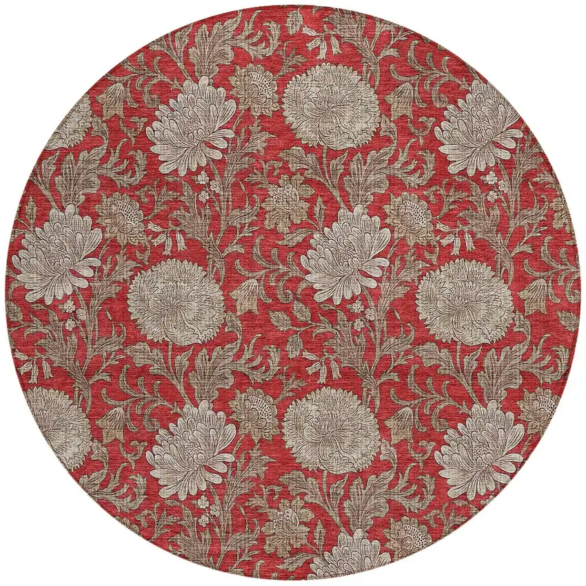8' Red Taupe And Beige Round Floral Washable Indoor Outdoor Area Rug Photo 5
