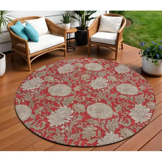 8' Red Taupe And Beige Round Floral Washable Indoor Outdoor Area Rug Photo 1
