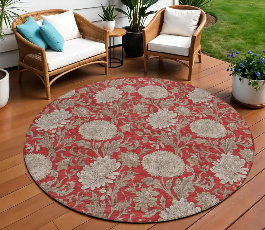 8' Red Taupe And Beige Round Floral Washable Indoor Outdoor Area Rug Photo 1