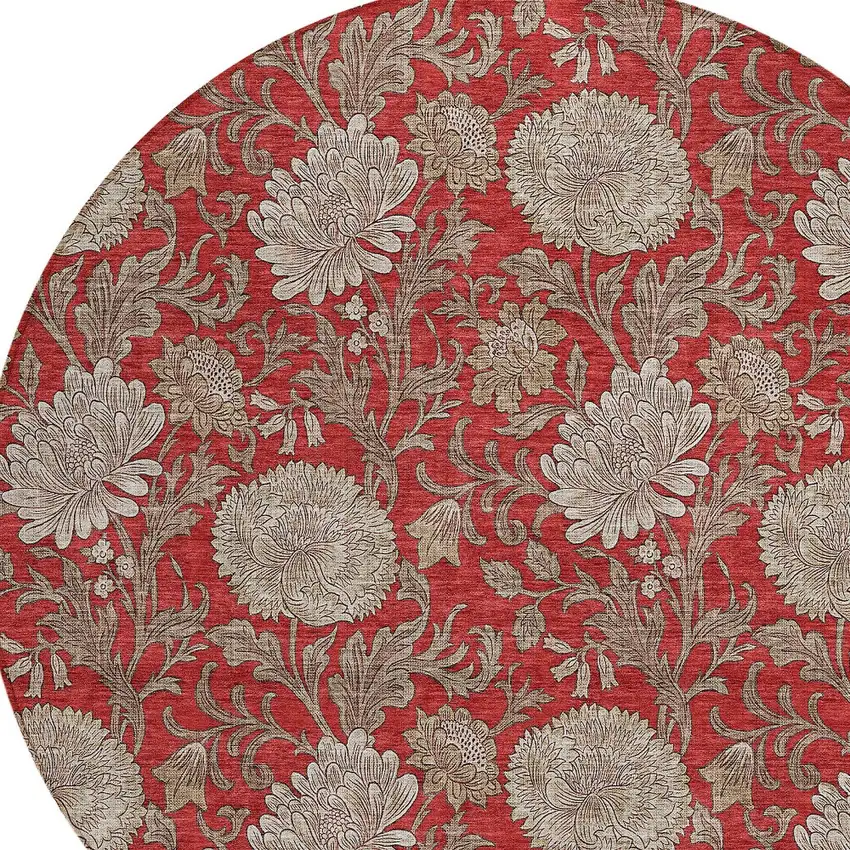 8' Red Taupe And Beige Round Floral Washable Indoor Outdoor Area Rug Photo 4