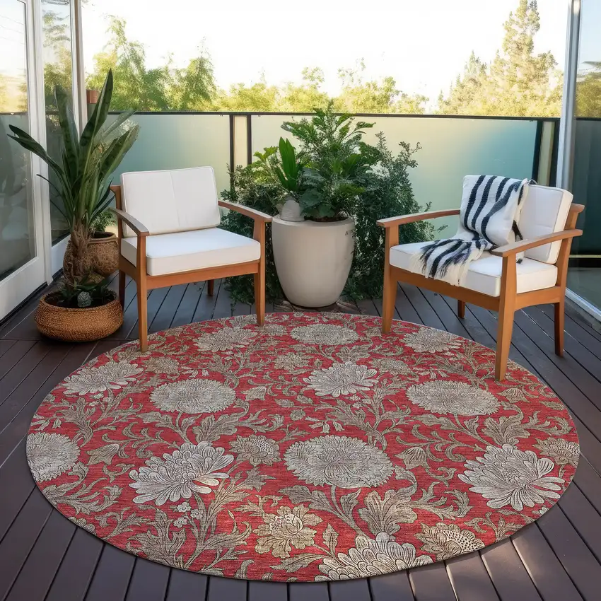 8' Red Taupe And Beige Round Floral Washable Indoor Outdoor Area Rug Photo 6