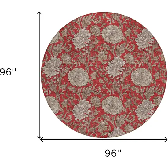 8' Red Taupe And Beige Round Floral Washable Indoor Outdoor Area Rug Photo 3